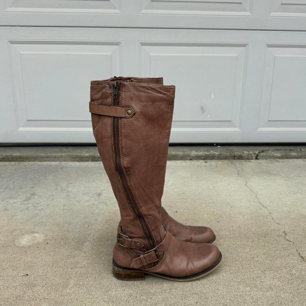 STEVE MADDEN WOOD SOLE BROWN BUCKLE BOOTS